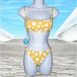 WET Ginger Polka Dot Bikini Two Piece Swimwear Tie Back Yellow White Women's L